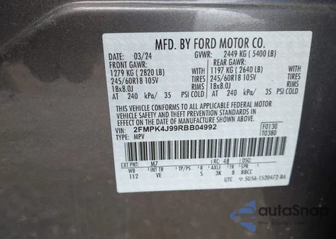 2024 Ford Edge Sel z USA, uszkodzony, nr VIN 2FMPK4J99RBB04992